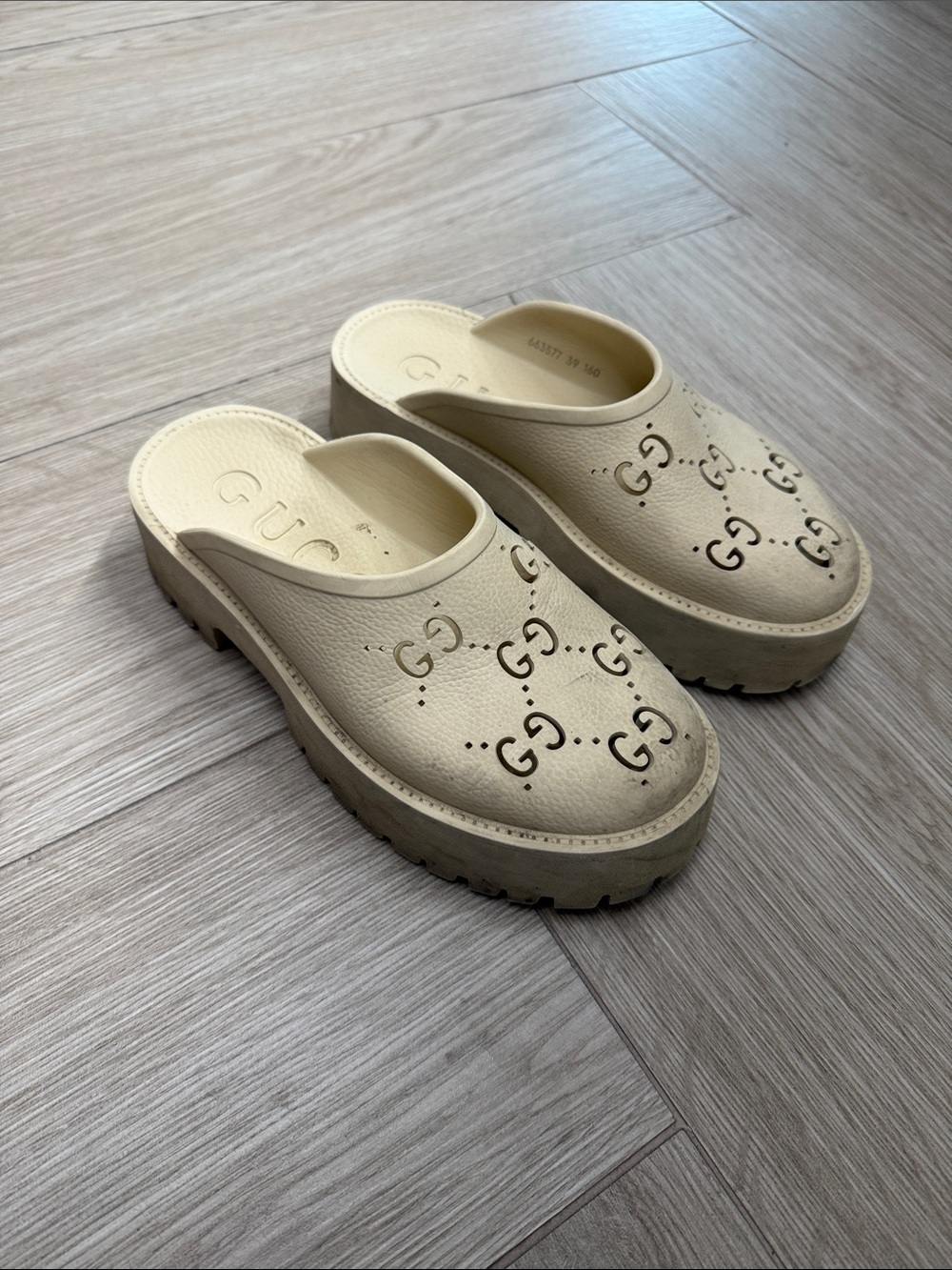 Gucci Cream Perforated GG Platform Clogs